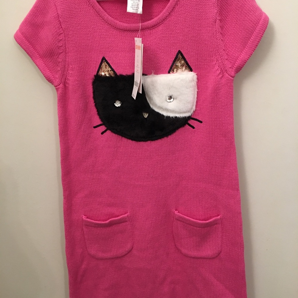 Gymboree Knitted Cotton girls dress pink with cat on front size 8 NWT